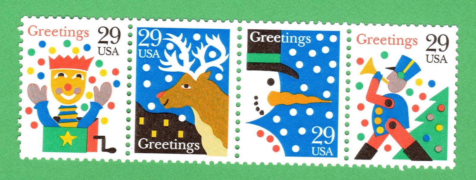 Scott #2794a Christmas Greetings (Rudolph, Snowman) Strip of 4 Stamps - MNH