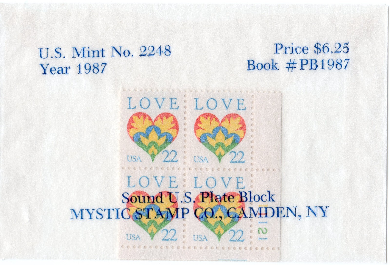 Scott #2248 Love Heart Plate Block of 4 Stamps - Mystic