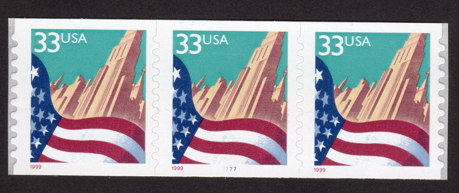 Scott #3281 Flag Over City Plate # (PNC3) 3 Stamp Coil - MNH P#7777 Large Date