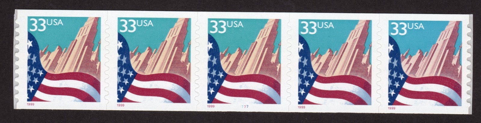 Scott #3281 Flag Over City Plate # (PNC5) 5 Stamp Coil - MNH P#7777 Large Date