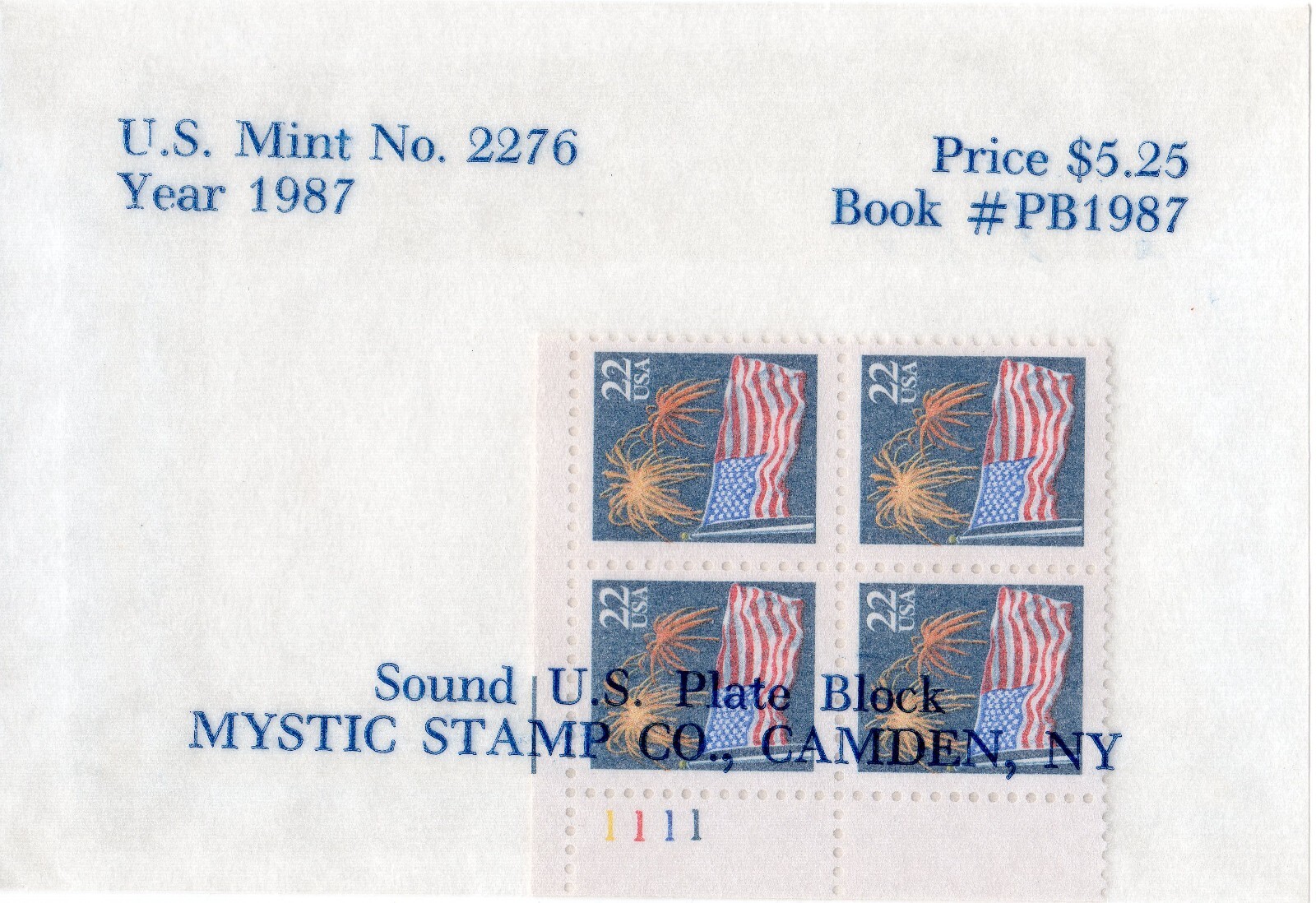 Scott #2276 Flag & Fireworks Plate Block of 4 Stamps - Mystic