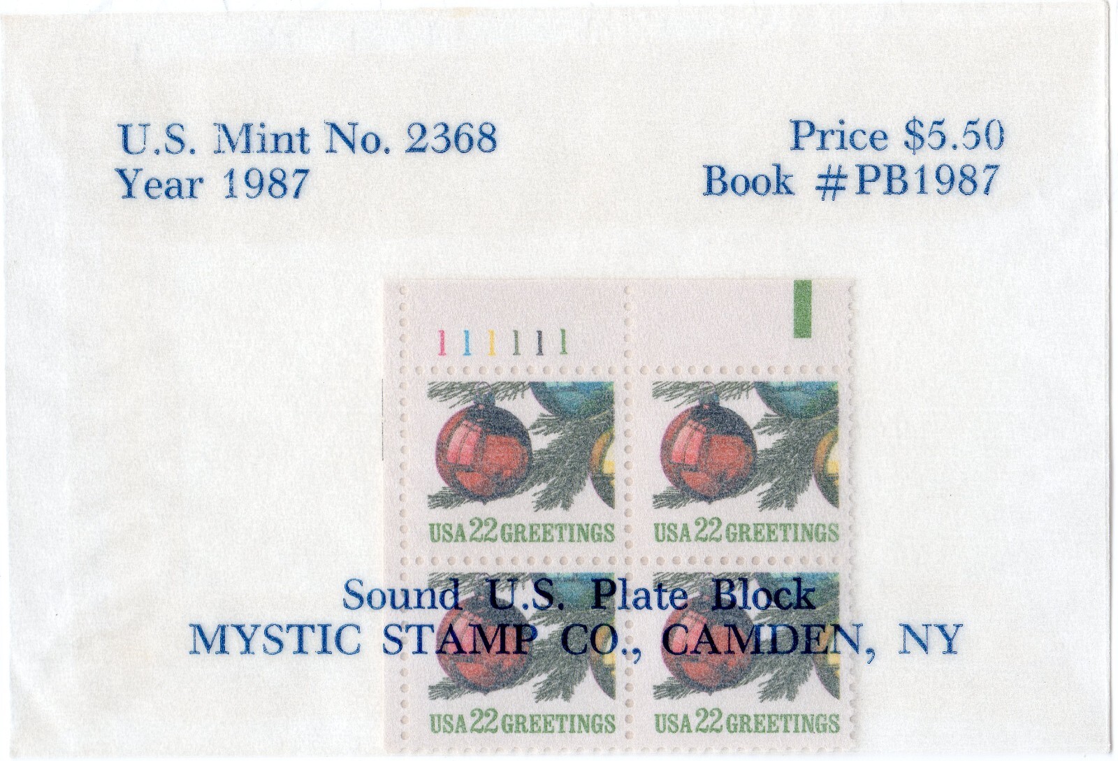 Scott #2368 Christmas Tree Plate Block of 4 Stamps - Mystic