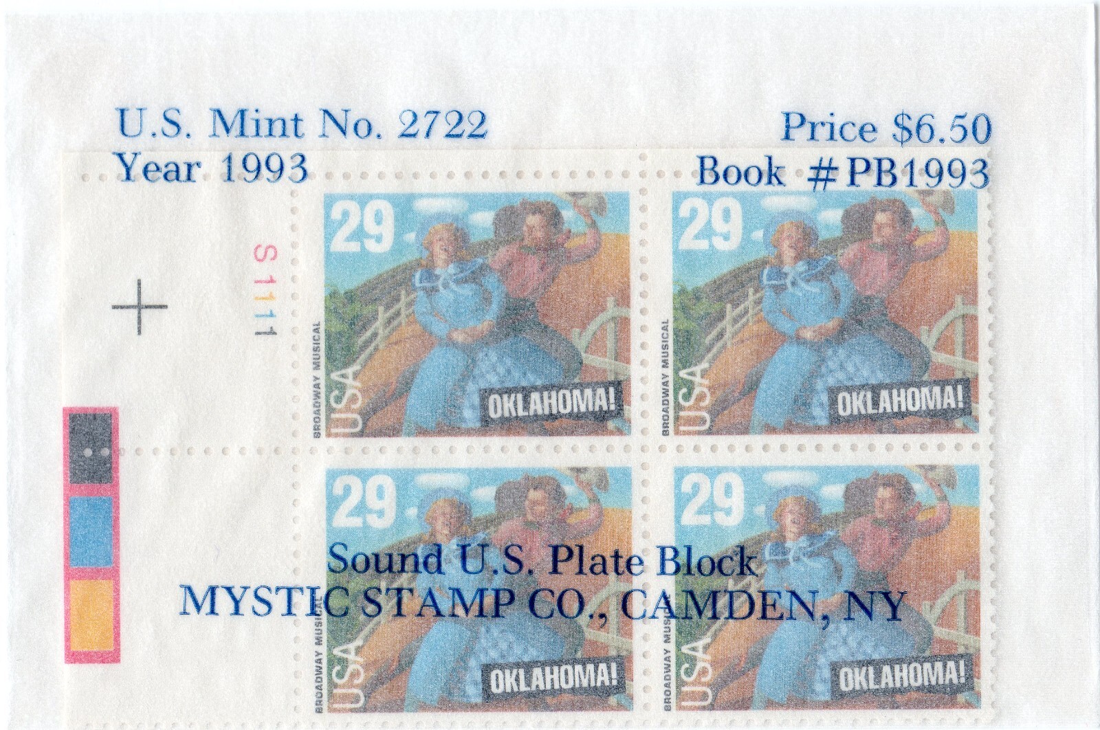 Scott #2722 Oklahoma! Plate Block of 4 Stamps - Mystic UL
