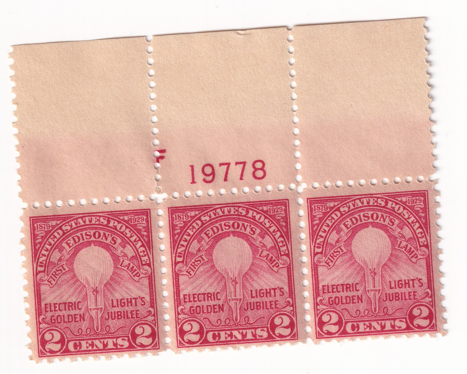 Scott #654 Edison's Lamp Plate Block of 3 Stamps - MNH P#19778 Top