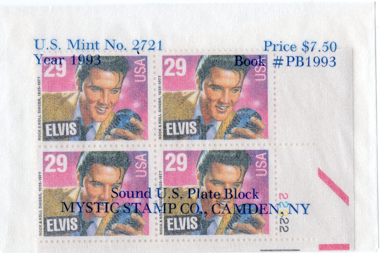Scott #2721 Elvis Presley Plate Block of 4 Stamps - Mystic