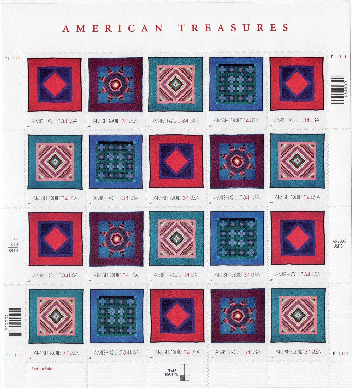 Scott #3527a (3524-3527) Amish Quilts Sheet of 20 Stamps - MNH