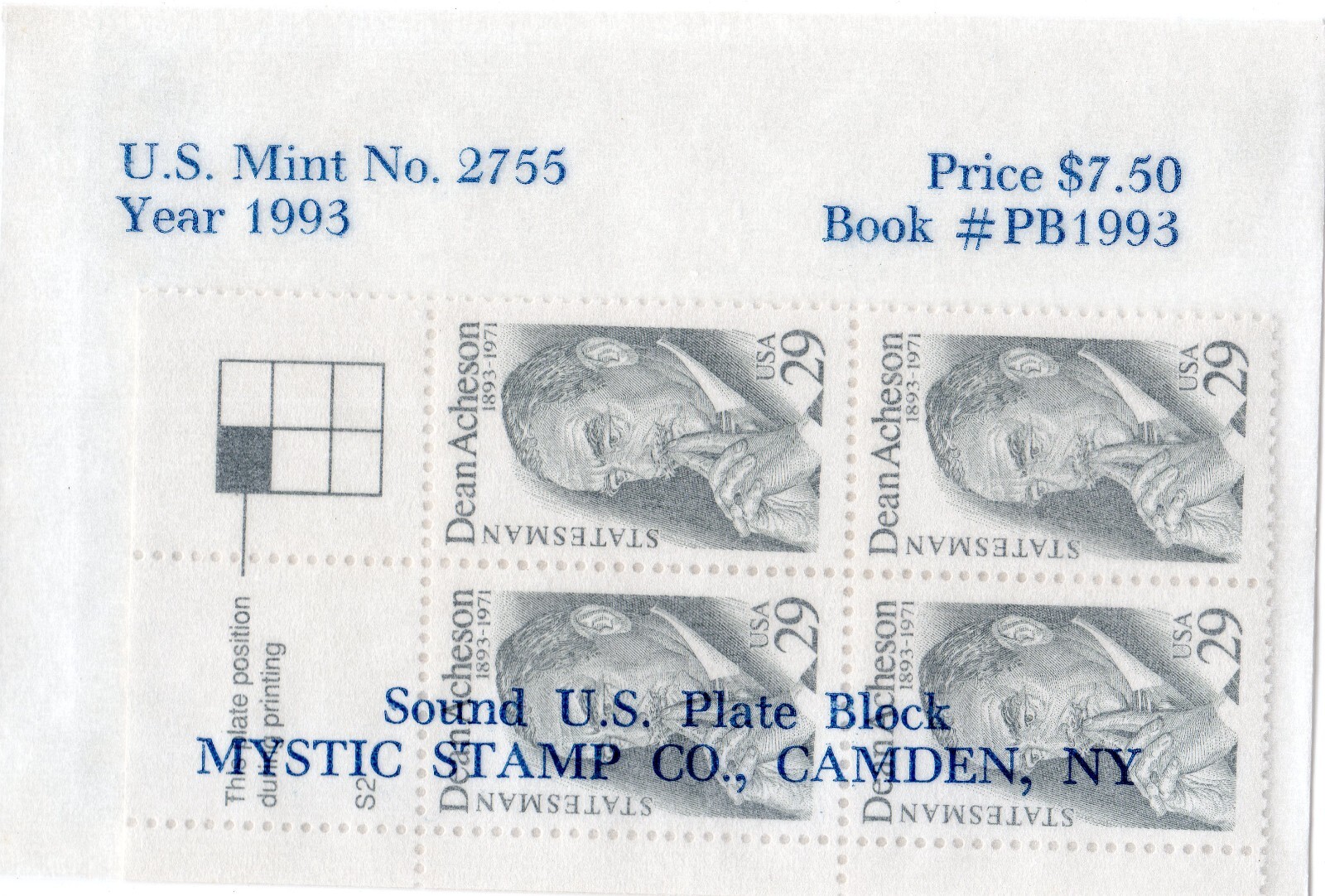 Scott #2755 Dean Acheson Plate Block of 4 Stamps - Mystic