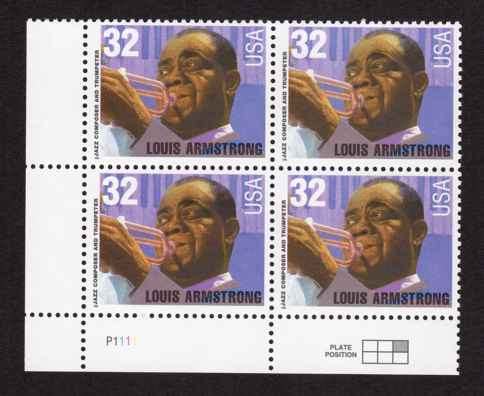 Scott #2982 Louis Armstrong 32¢ Plate Block of 4 Stamps - MNH P#1111 LL