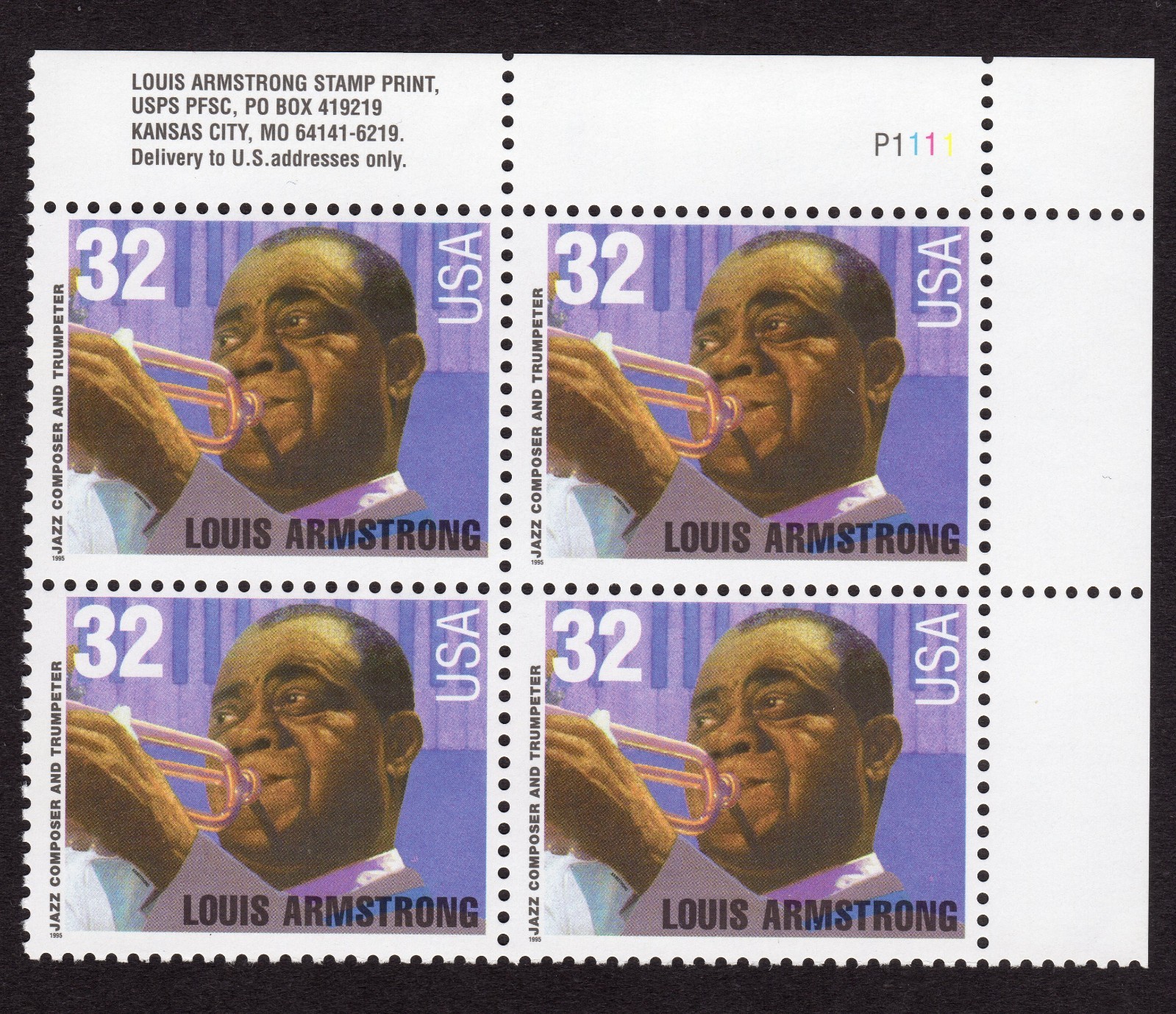 Scott #2982 Louis Armstrong 32¢ Plate Block of 4 Stamps - MNH P#1111 UR