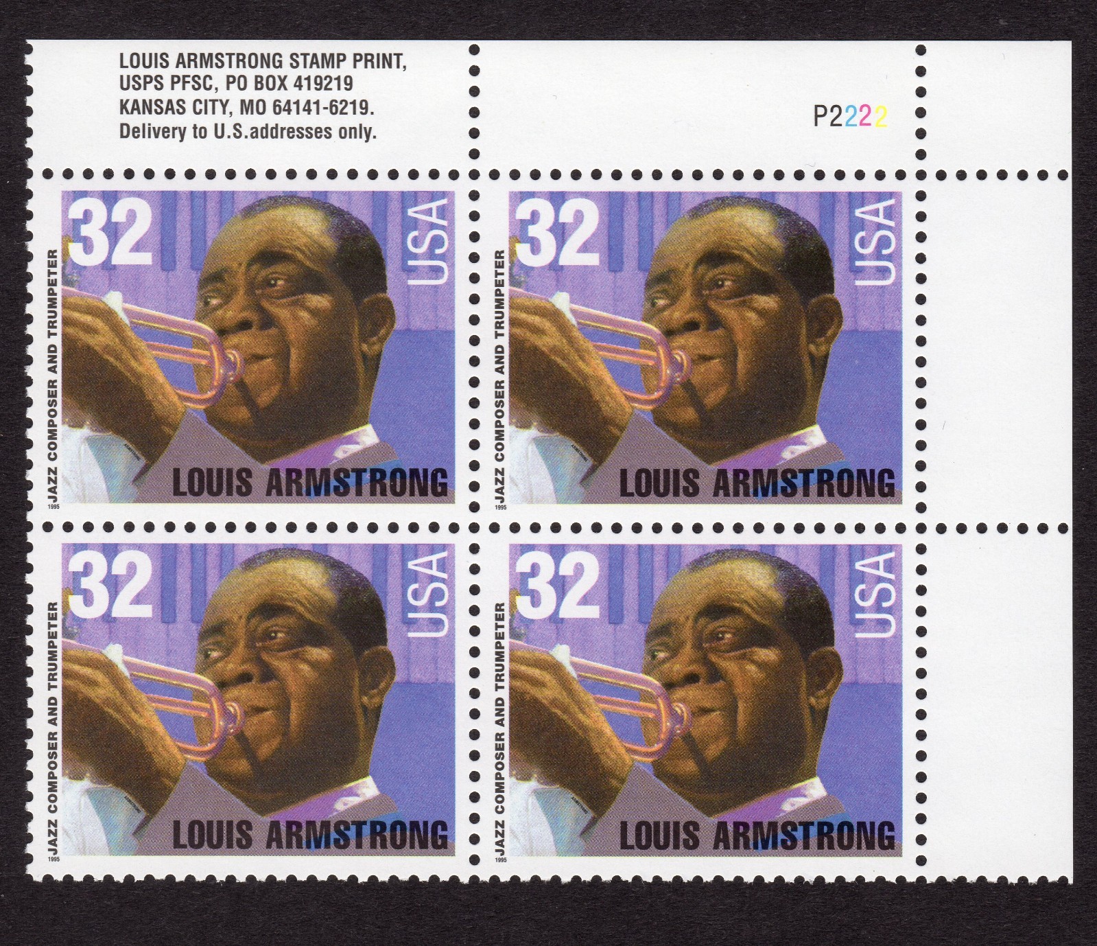 Scott #2982 Louis Armstrong 32¢ Plate Block of 4 Stamps - MNH P#2222 UR