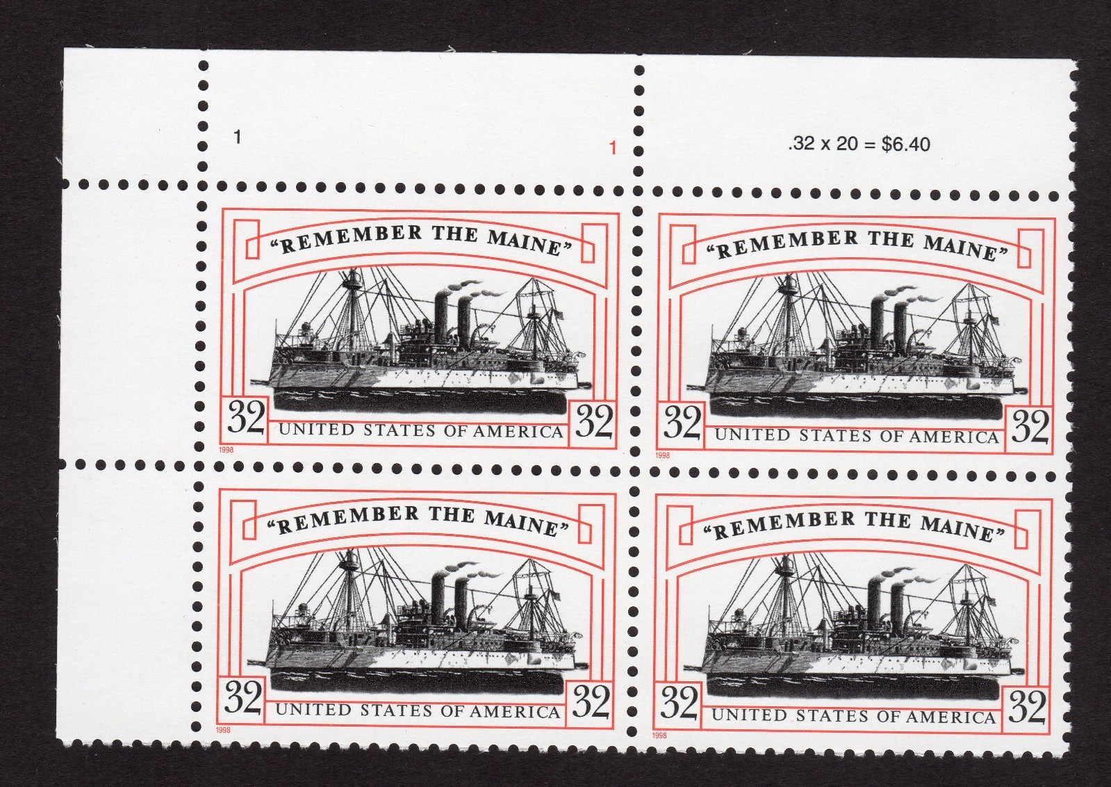 Scott #3192 Remember the Maine (Spanish War) Plate Block of 4 Stamps - MNH UL