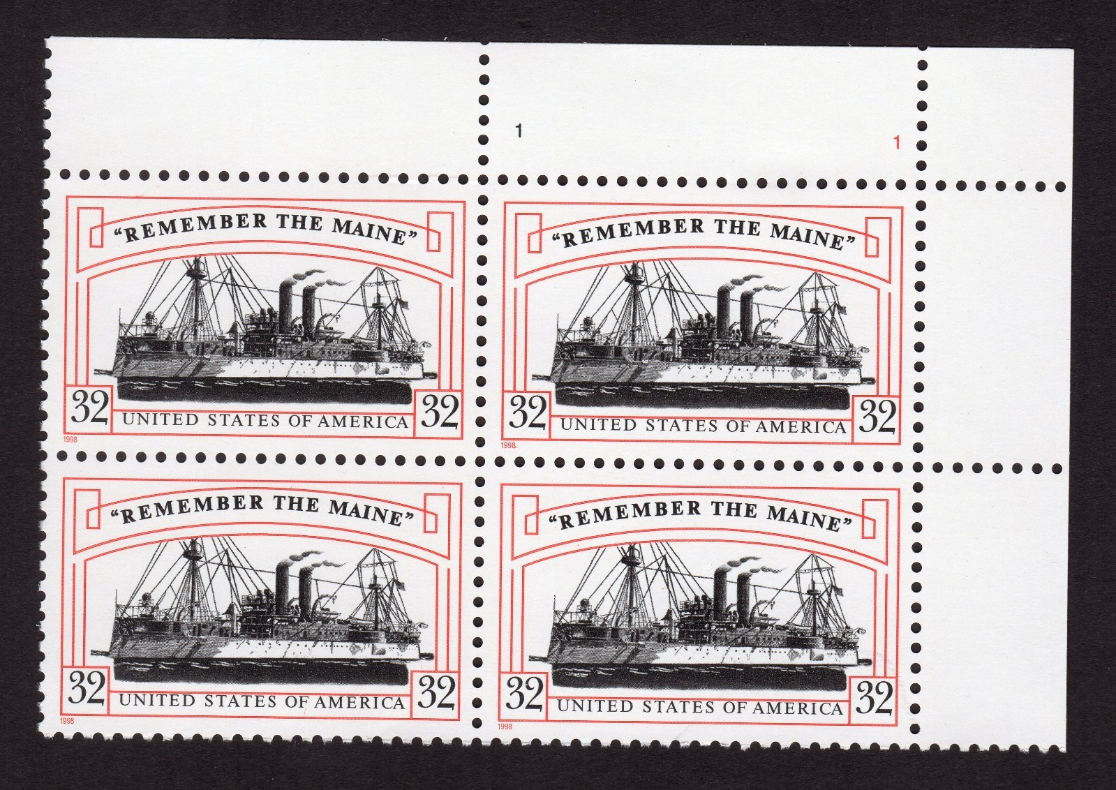 Scott #3192 Remember the Maine (Spanish War) Plate Block of 4 Stamps - MNH UR