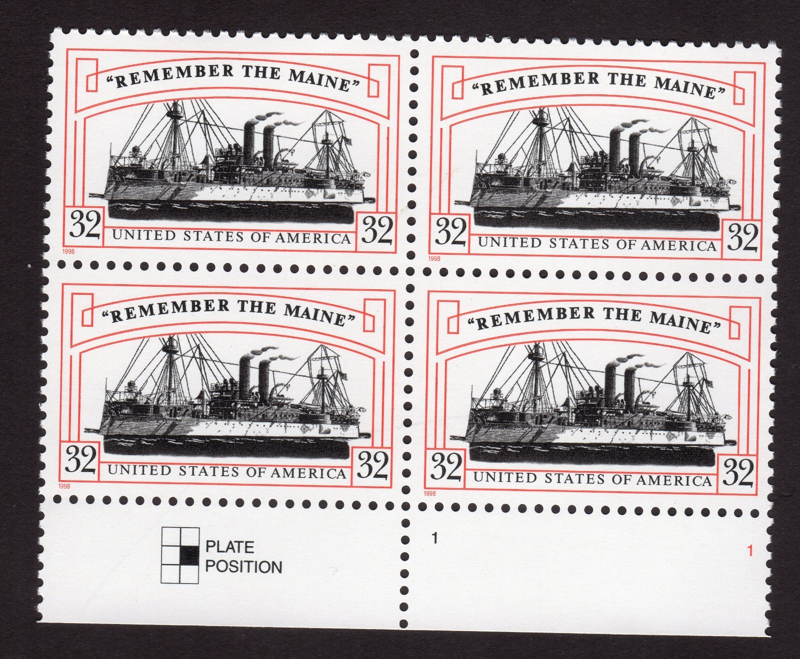Scott #3192 Remember the Maine (Spanish War) Block of 4 Stamps - MNH