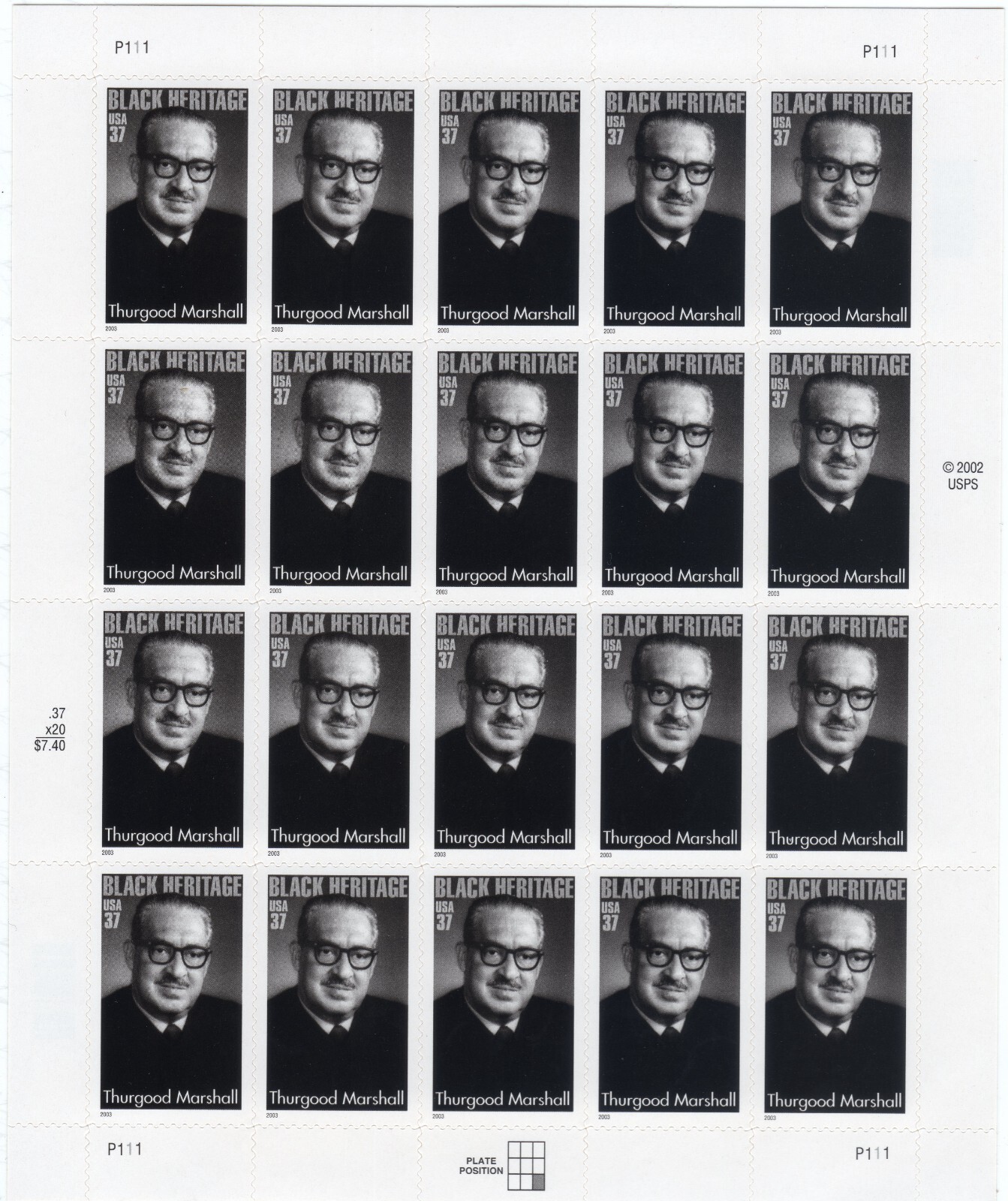 Scott #3746 Thurgood Marshall (Black Heritage) Sheet of 20 Stamps - MNH