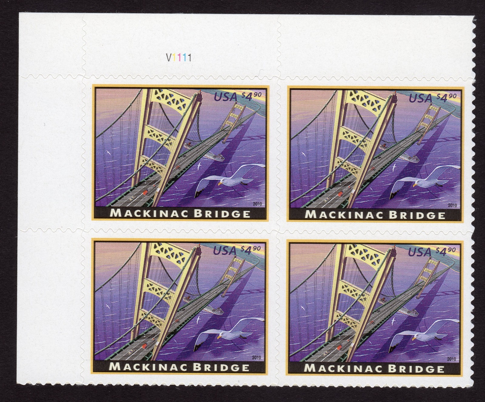 Scott #4438 Mackinac Bridge Plate Block of 4 Priority Mail Stamps - MNH UL