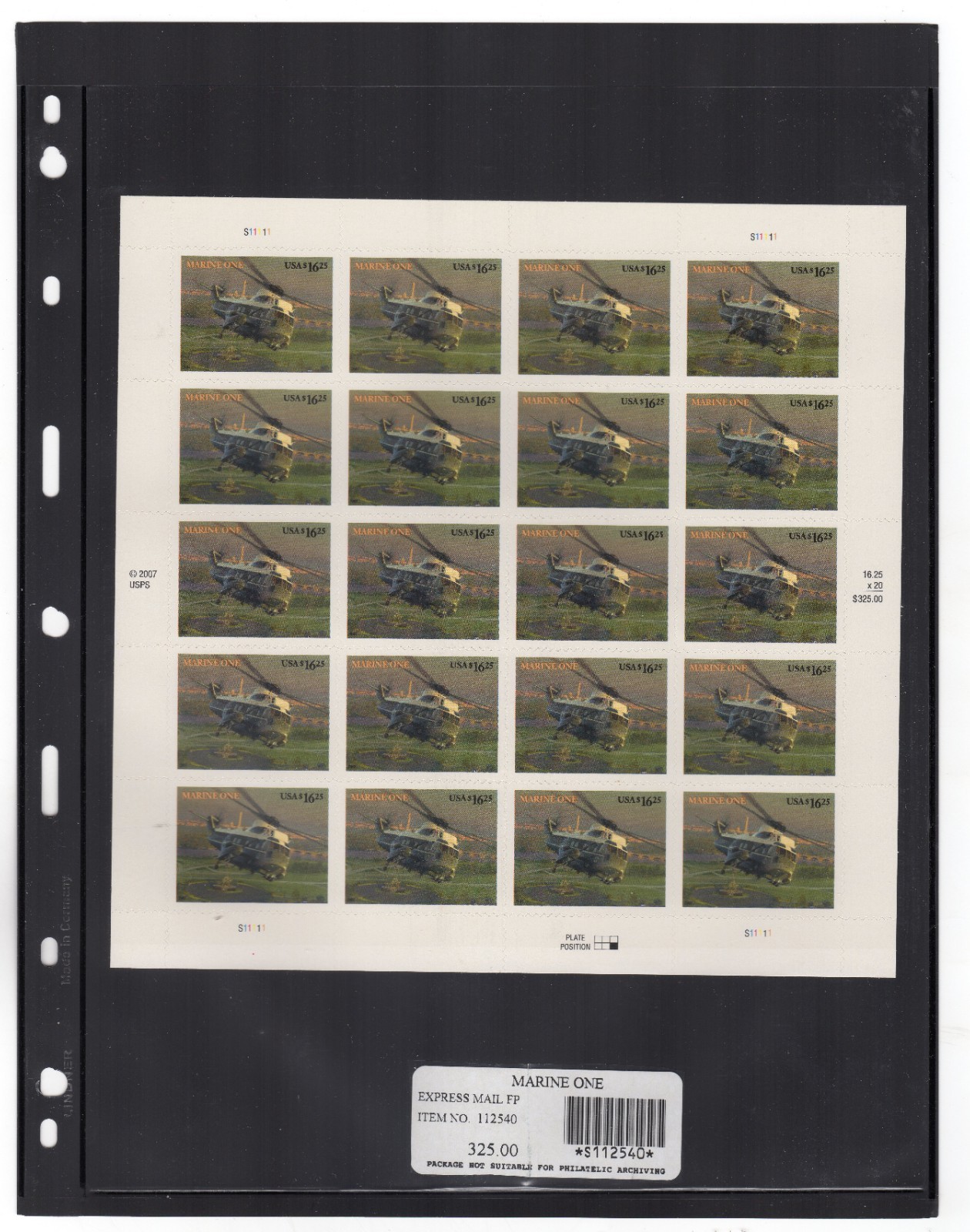 Scott #4145 Marine One Express Mail Sheet of 20 Stamps - MNH Lindner Page