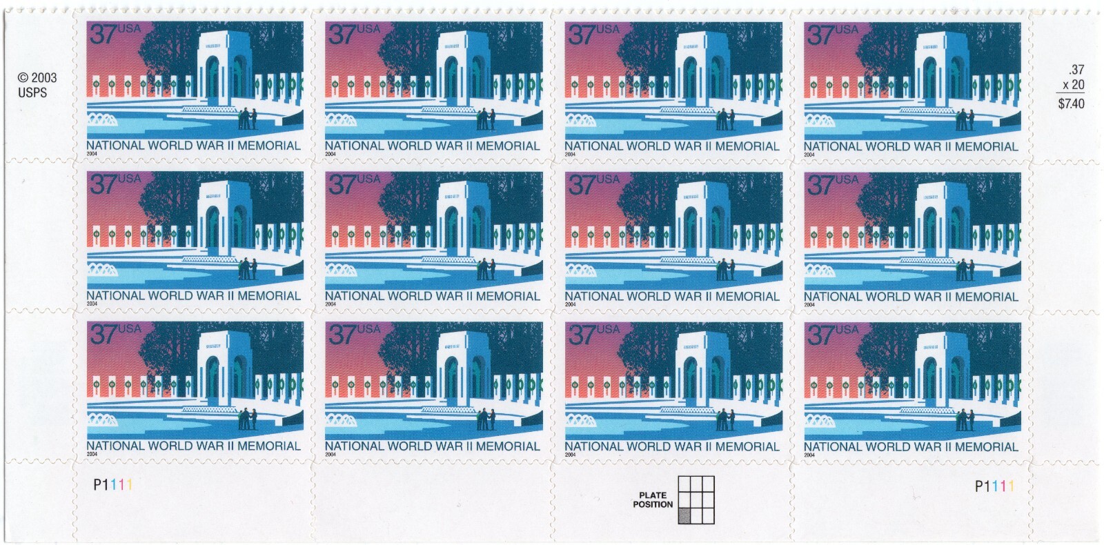 Scott #3862 World War II Memorial Bottom Sheet of 12 Stamps - MNH