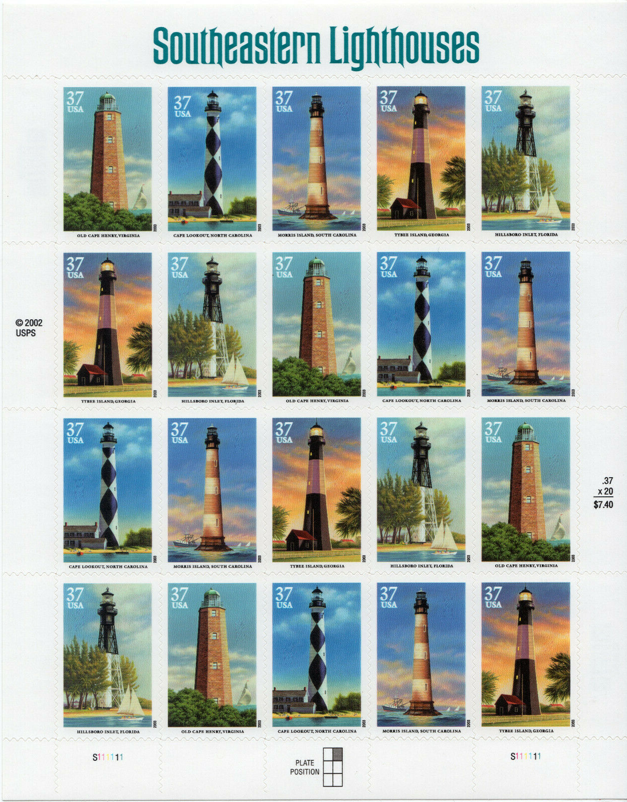 Scott #3787-3791b Southeastern Lighthouses Full Sheet of 20 Stamps - MNH
