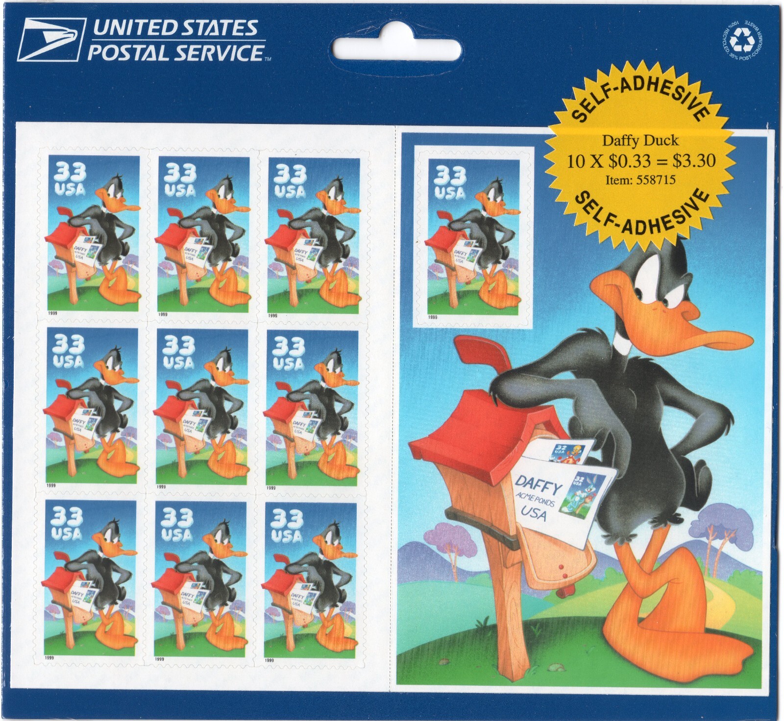Scott #3306 Daffy Duck Full Sheet of 10 Stamps - Sealed Blue