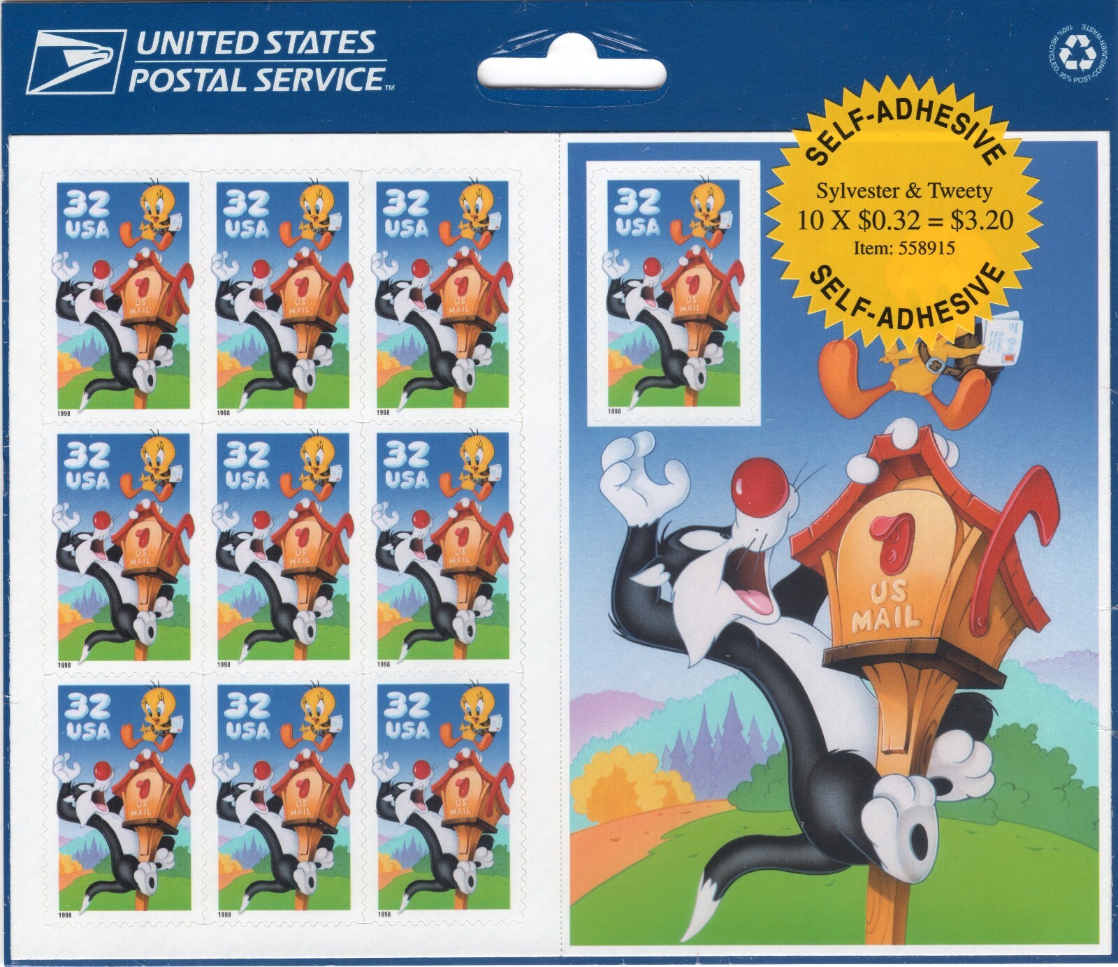 Scott #3204 Sylvester & Tweety Sheet of 10 Stamps - Sealed Blue