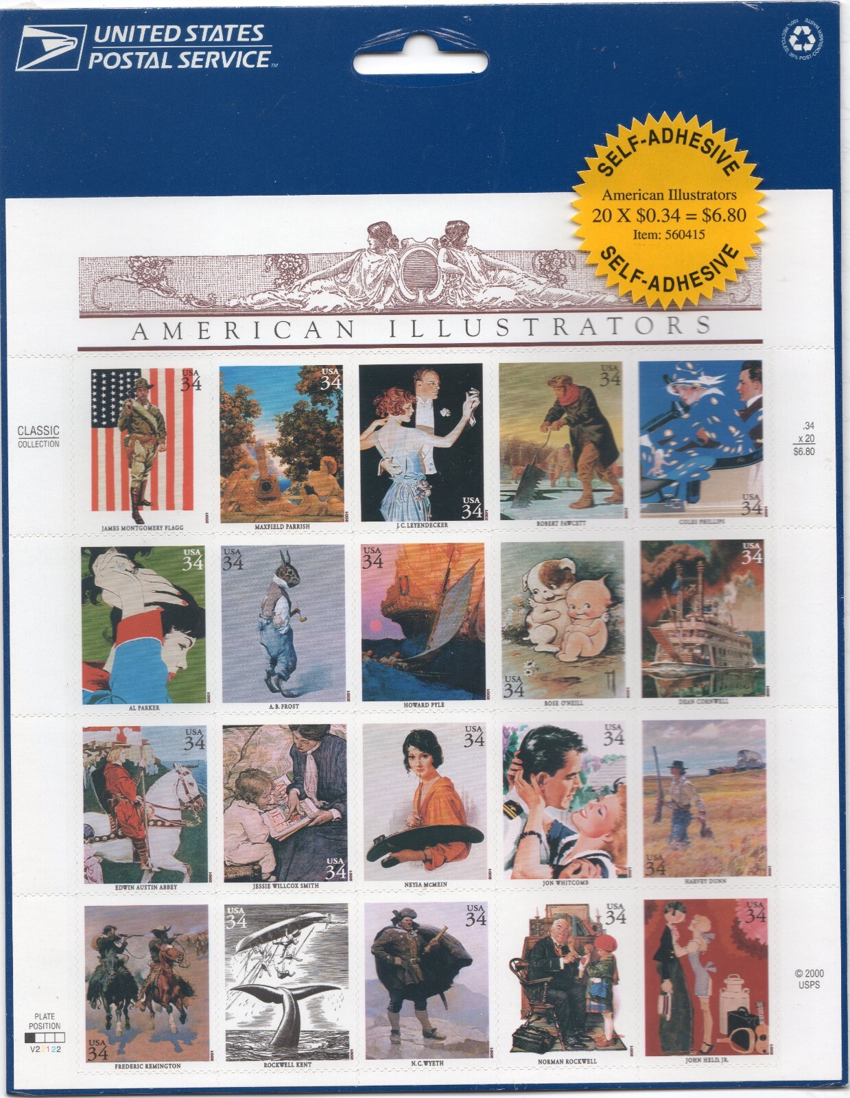 Scott #3502 American Illustrators Sheet of 20 Stamps - Sealed Blue