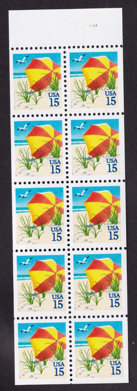 Scott #2443a 15¢ Beach Umbrella Booklet Pane of 10 Stamps - MNH P#11111 Never f