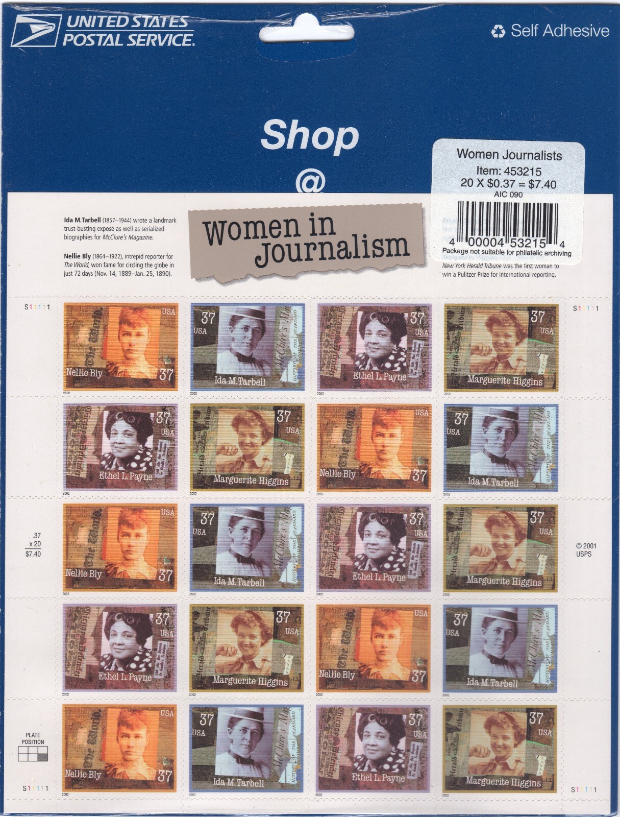 Scott #3668a (3665-68) Women In Journalism Sheet of 20 Stamps - Sealed Blue