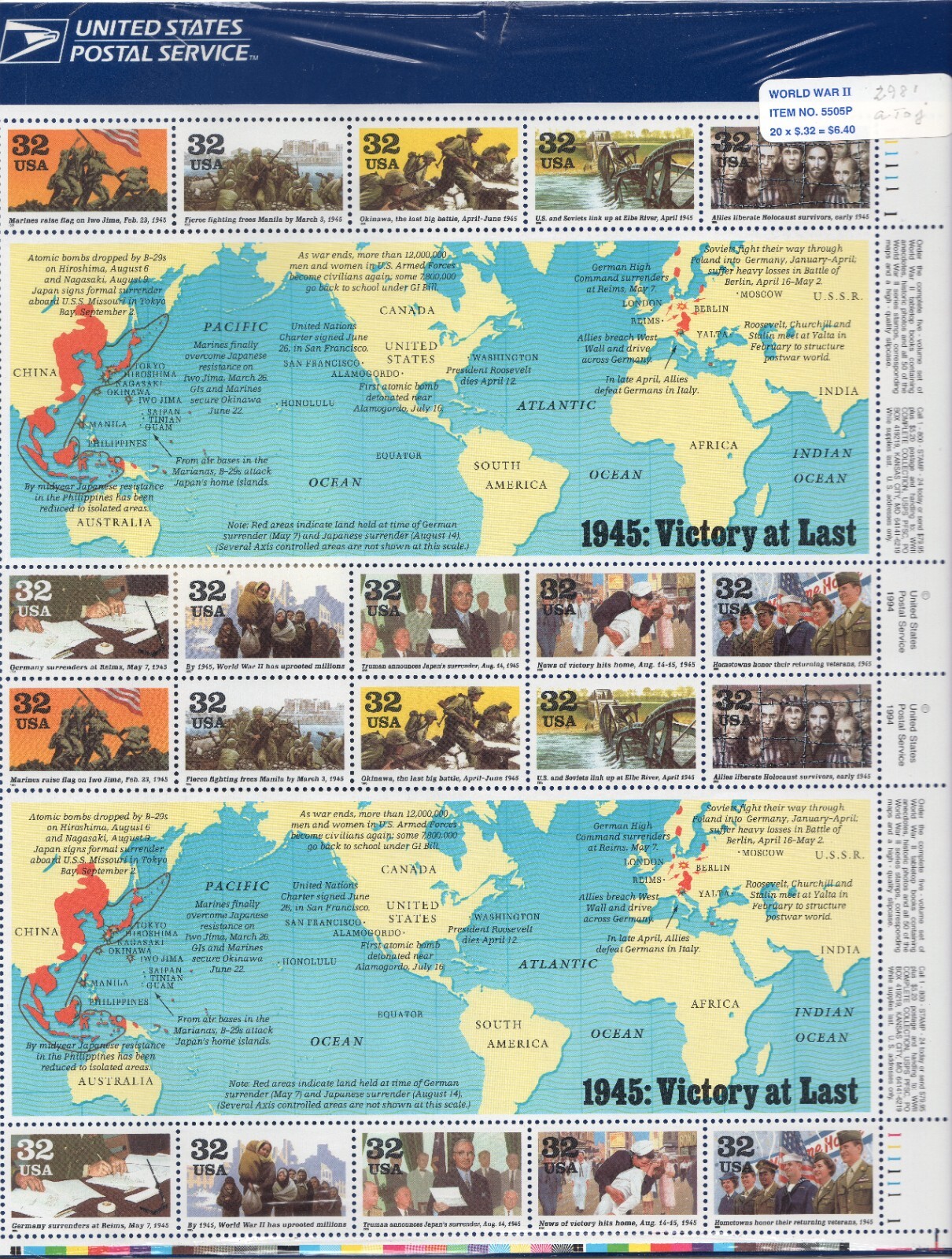 Scott #2981 WW2 1945: Victory At Last Sheet of 20 Stamps - Sealed