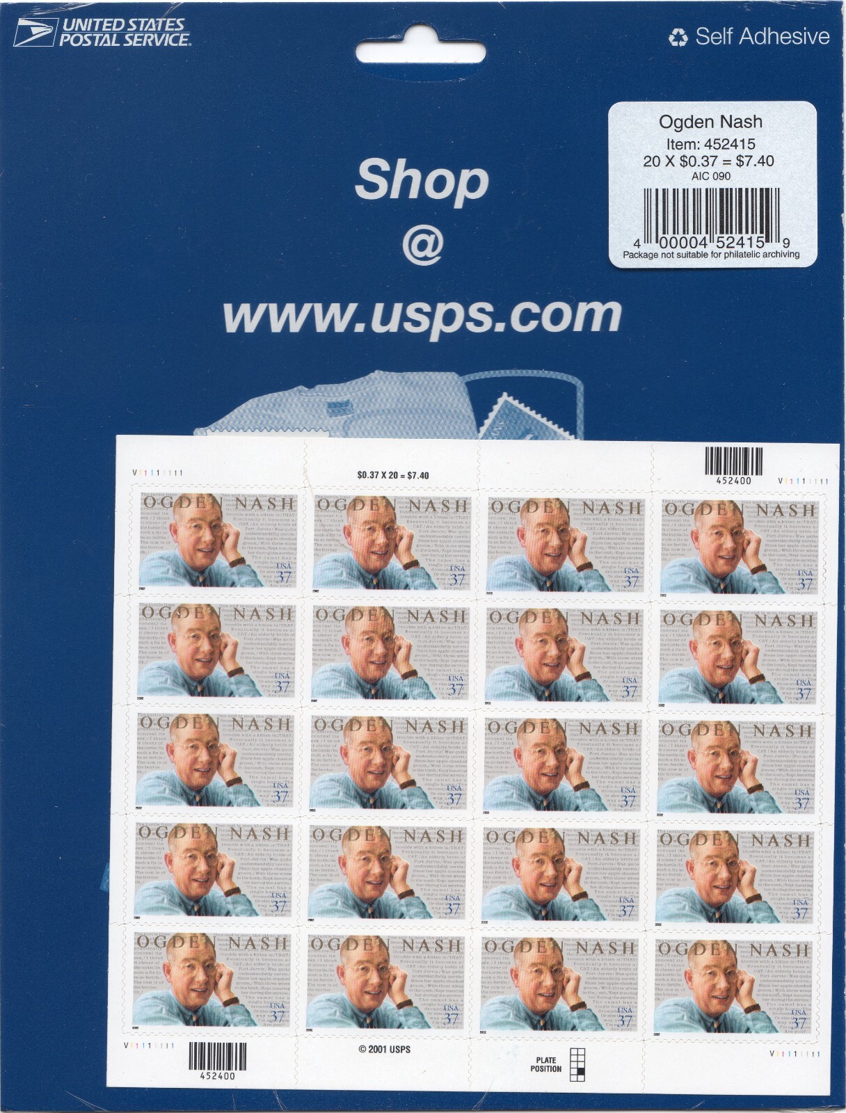 Scott #3659 Ogden Nash (Baltimore, Poetry) Full Sheet of 20 Stamps - Sealed