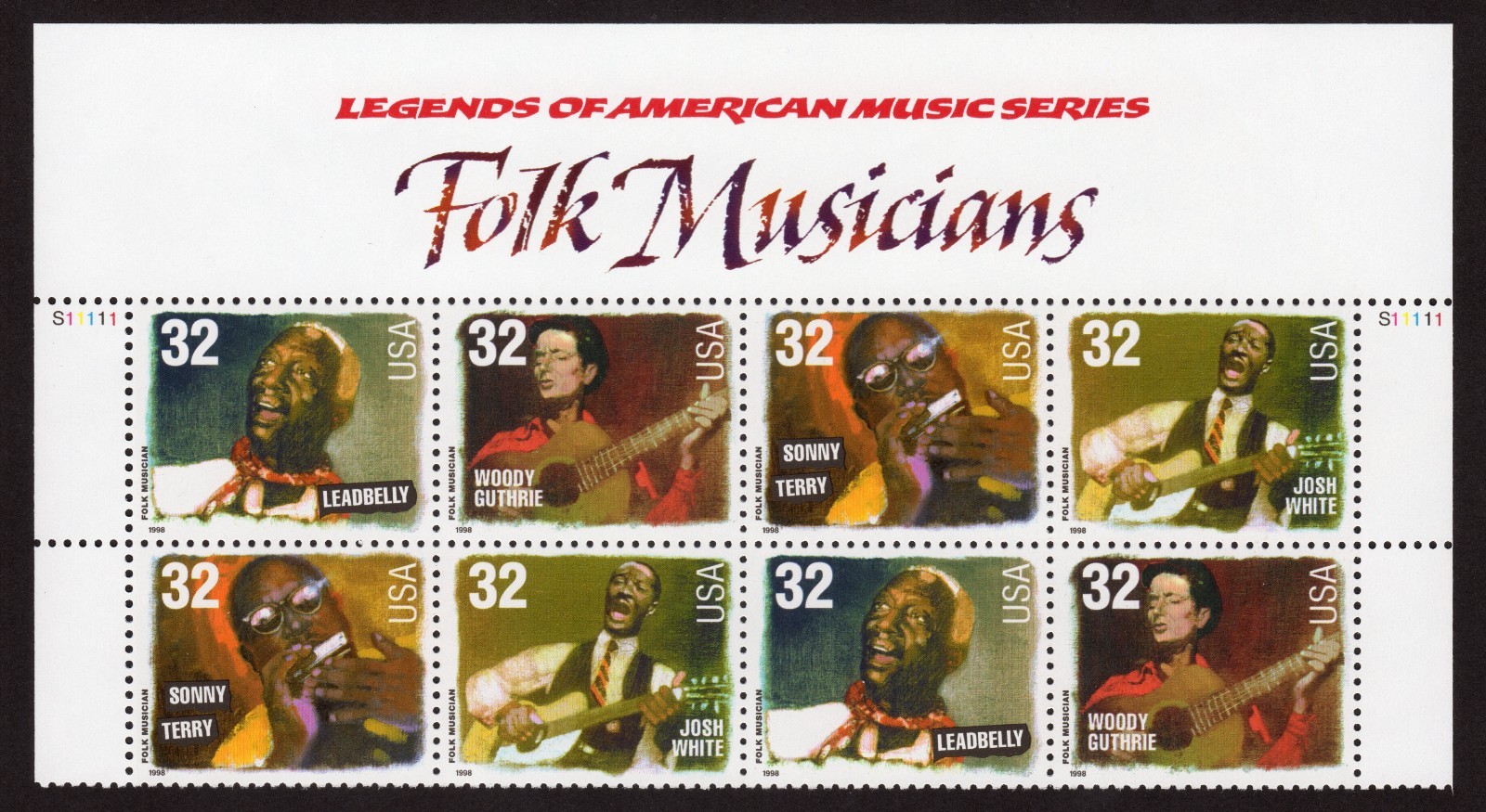 Scott #3215a (3212-3215) Folk Musicians Title Block of 8 Stamps - MNH