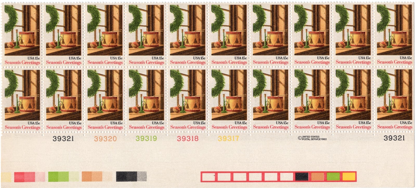 Scott #1843 Christmas Wreath & Toys Plate Block of 20 Stamps - MNH