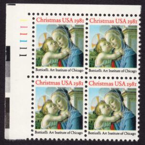 Scott #1939 Christmas Madonna (Boticelli) Plate Block of 4 Stamps - MNH UL