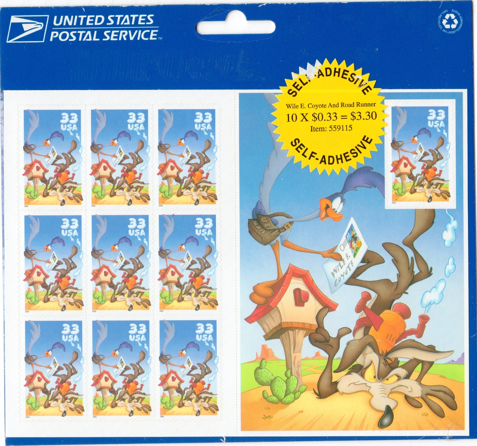 Scott #3391 Road Runner & Wile E. Coyote Sheet of 10 Stamps - Sealed