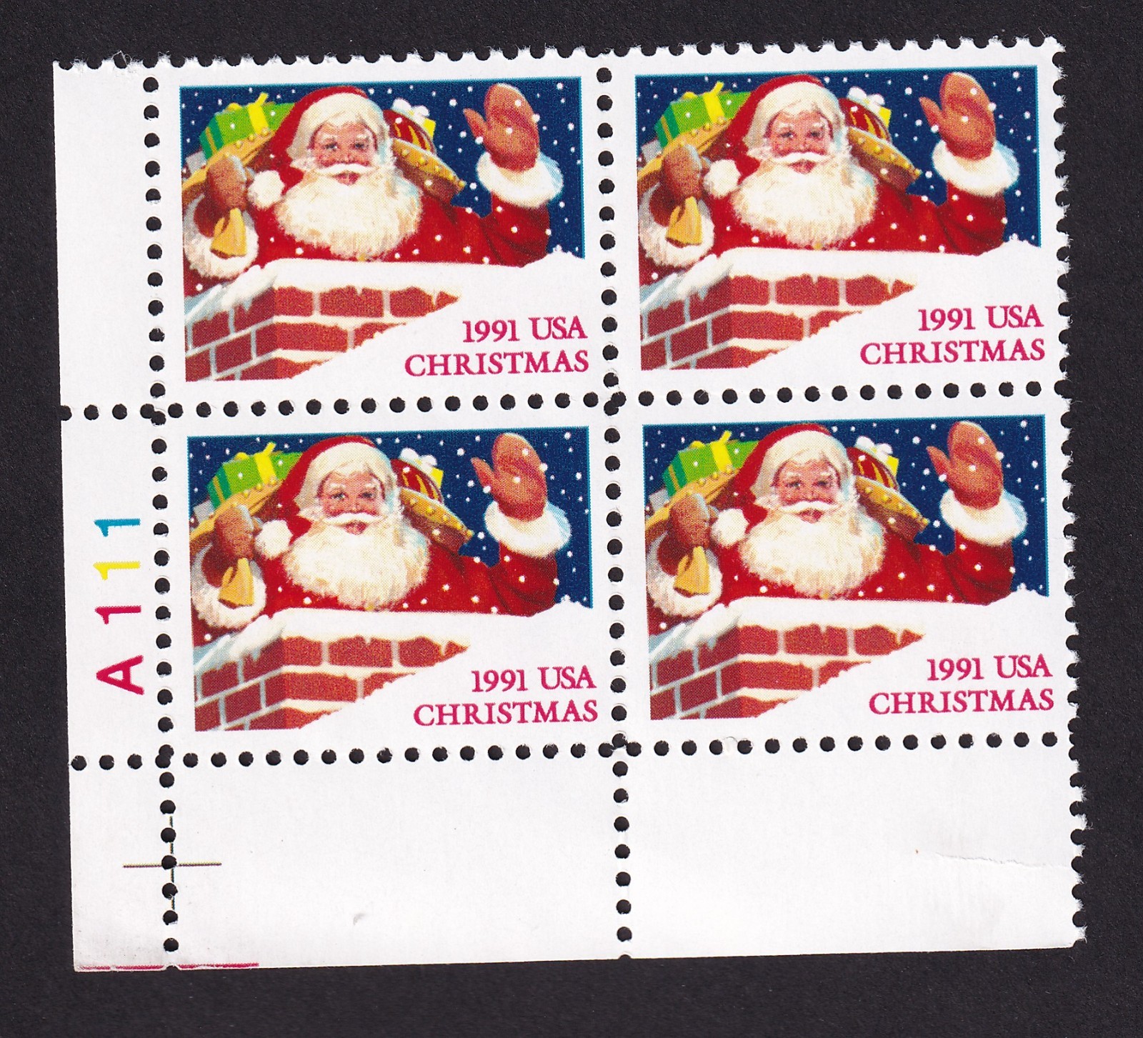 Scott #2579 Christmas Santa in Chimney Plate Block of 4 Stamps - MNH LL Side