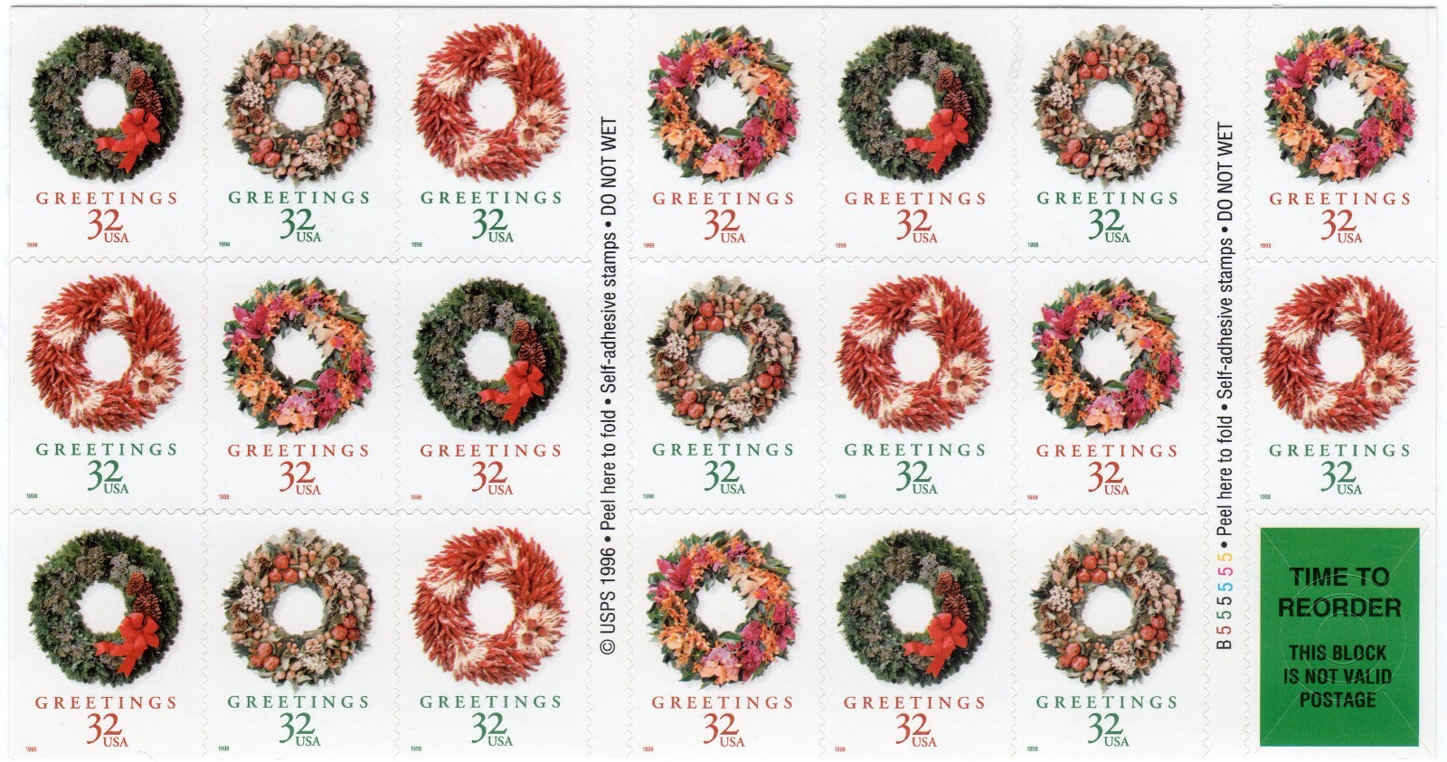 Scott #3252c Christmas Wreaths Booklet of 20 Stamps - MNH P#B555555