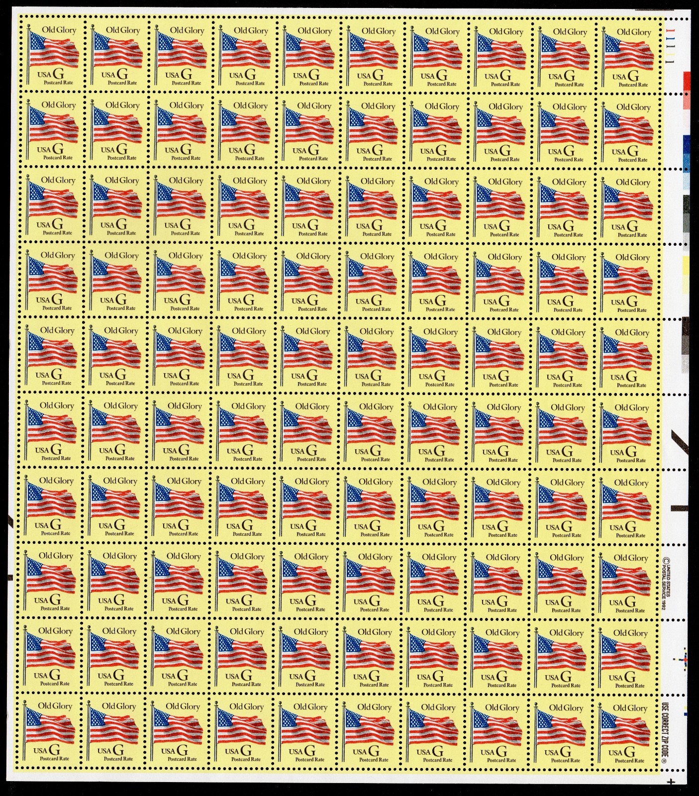 Scott #2879 Old Glory Black "G" Sheet of 100 Stamps - MNH P#11111 UR