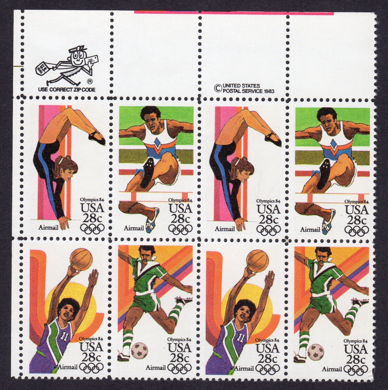 Scott #c104a 1984 Summer Olympics Airmail Zip Block of 8 stamps - MNH