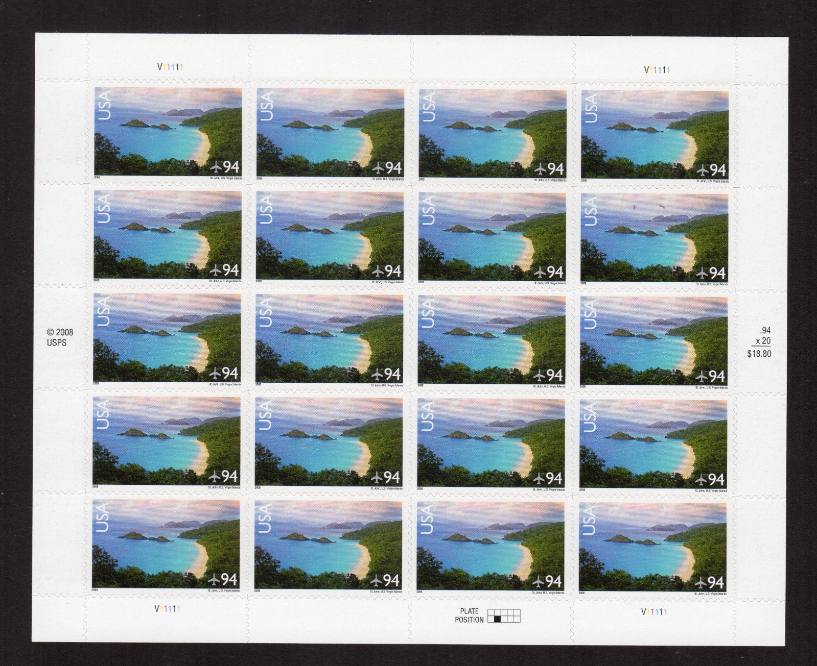 Scott #c145 US Virgin Islands, Trunk Bay Sheet of 20 Airmail Stamps - MNH