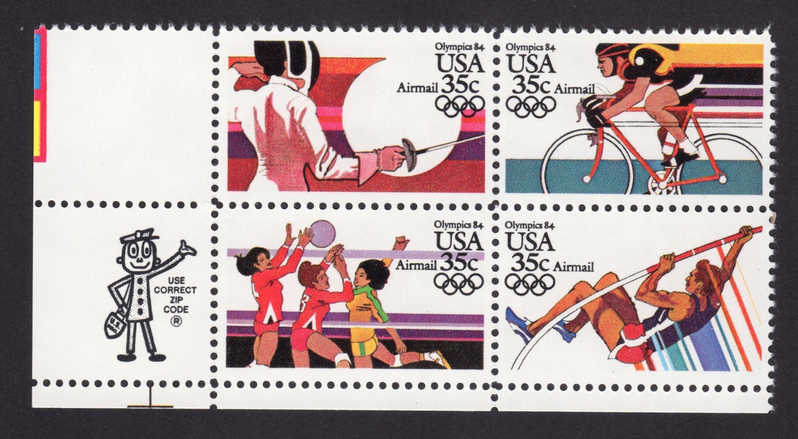 Scott #c112a (c109) 1984 Summer Olympics Airmail Zip Block of 4 stamps - MNH