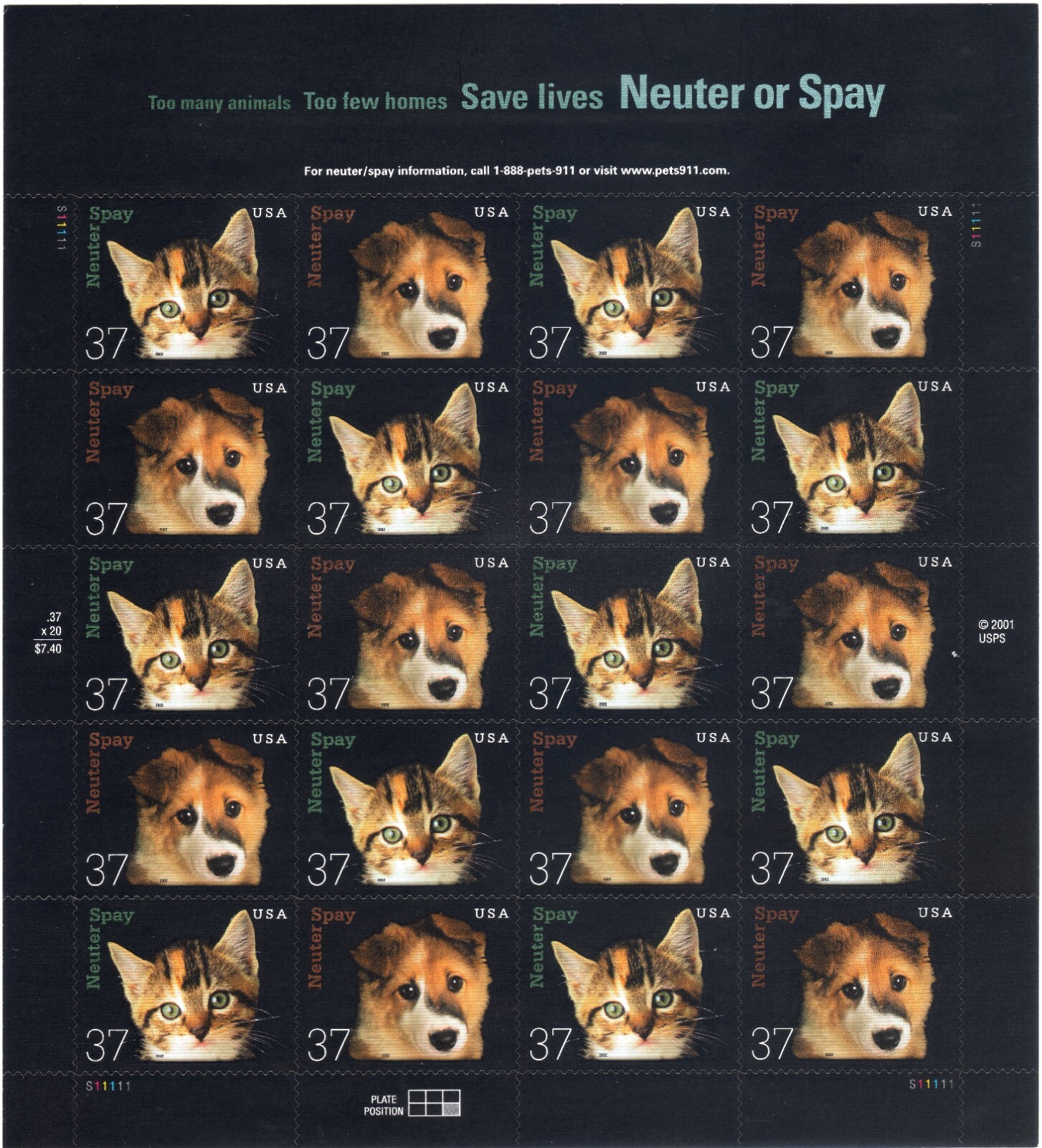 Scott #3671a (3670-71) Pet Neuter or Spay (Dog & Cat) Sheet of 20 Stamps - MNH