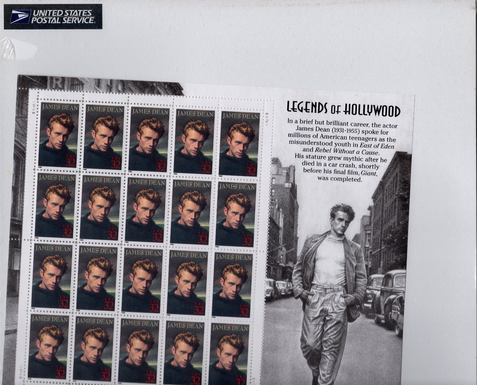 Scott #3082 JAMES DEAN Sheet of 20 Stamps - Sealed White