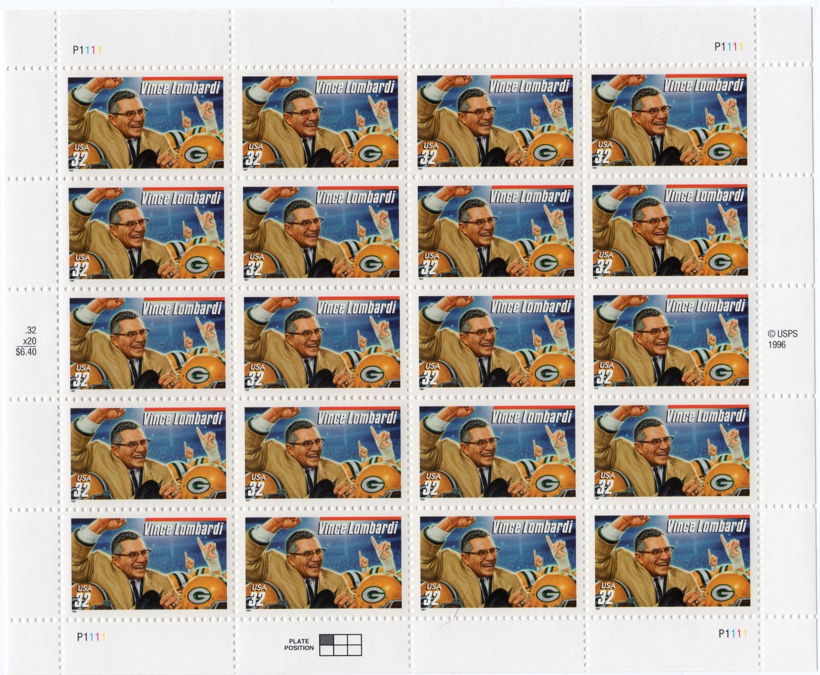 Scott #3147 Vince Lombardi (Green Bay Packers) Full Sheet of 20 Stamps - MNH
