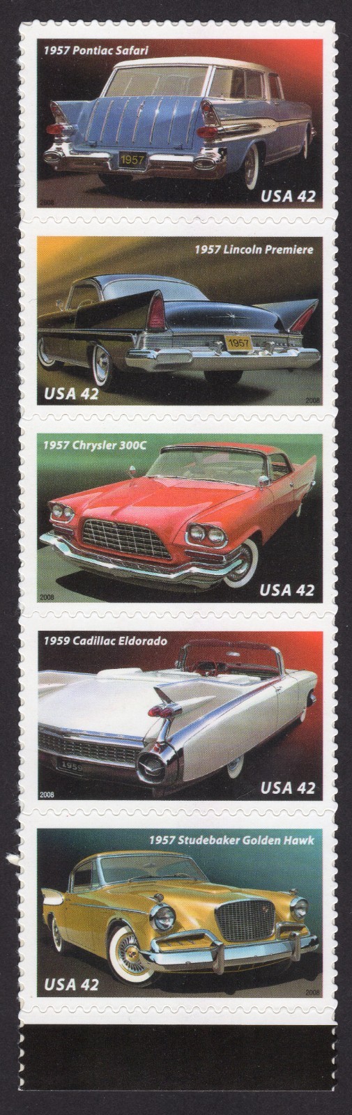 Scott #4357a (4353) Fins and Chrome Strip of 5 Stamps - MNH Chrysler 1st