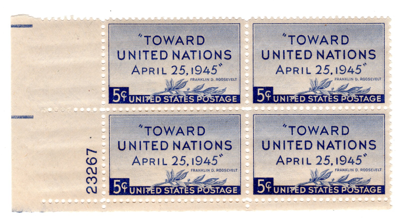 Scott #928 Toward United Nations Plate Block of 4 Stamps - MNH