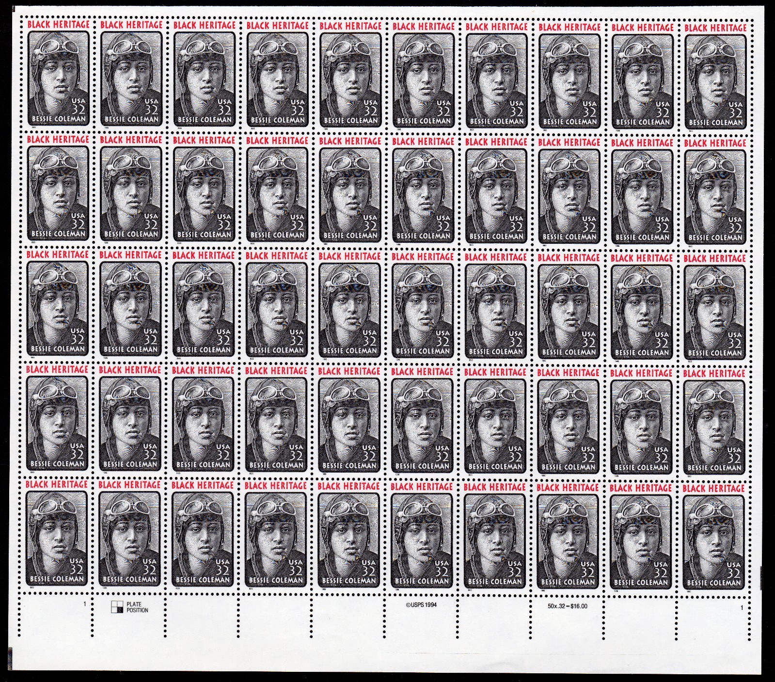 Scott #2956 Bessie Coleman Sheet of 50 Stamps - MNH P#1 Bottom