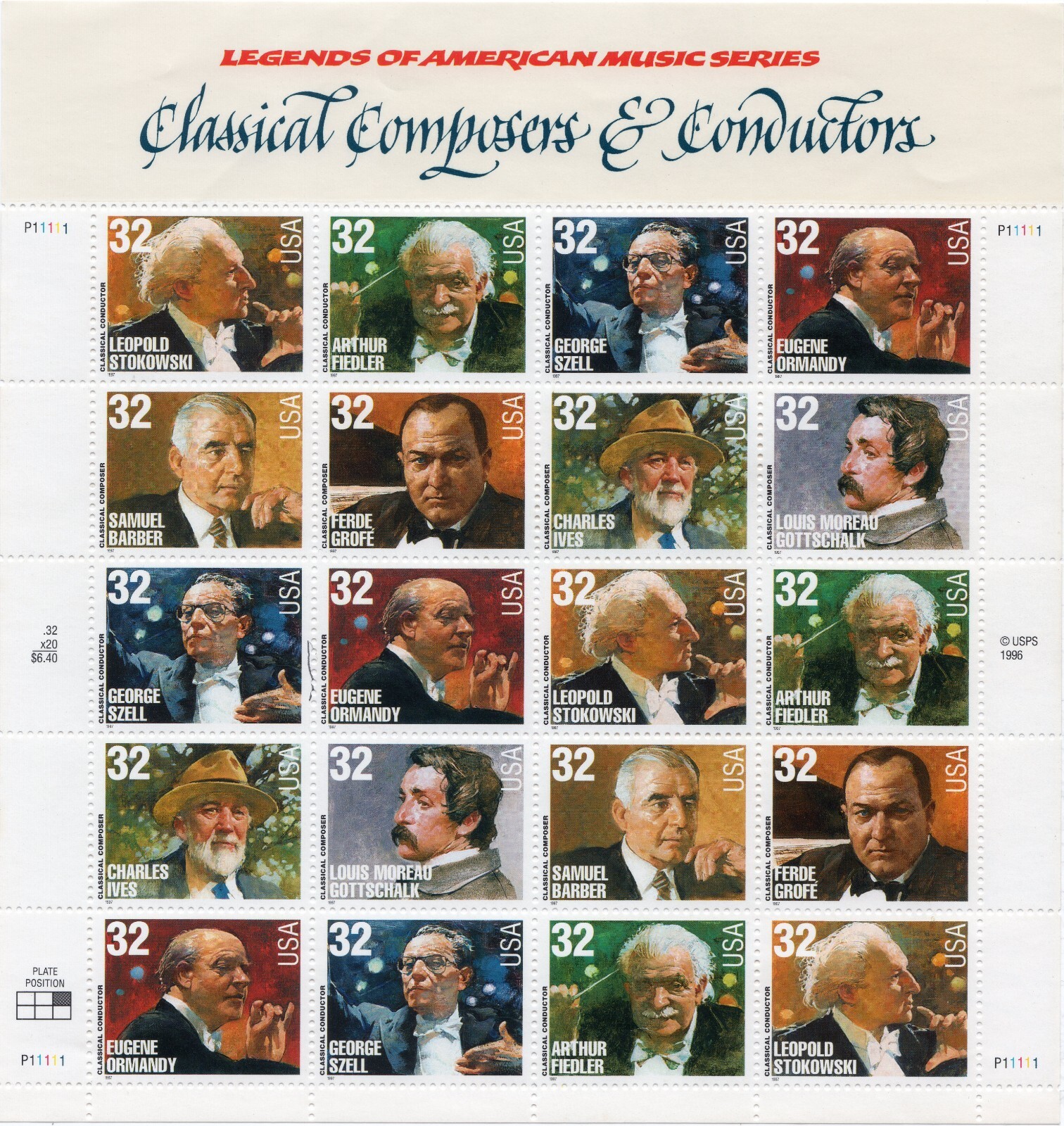 Scott #3165a Classical Composers & Conductors Sheet of 20 Stamps - MNH