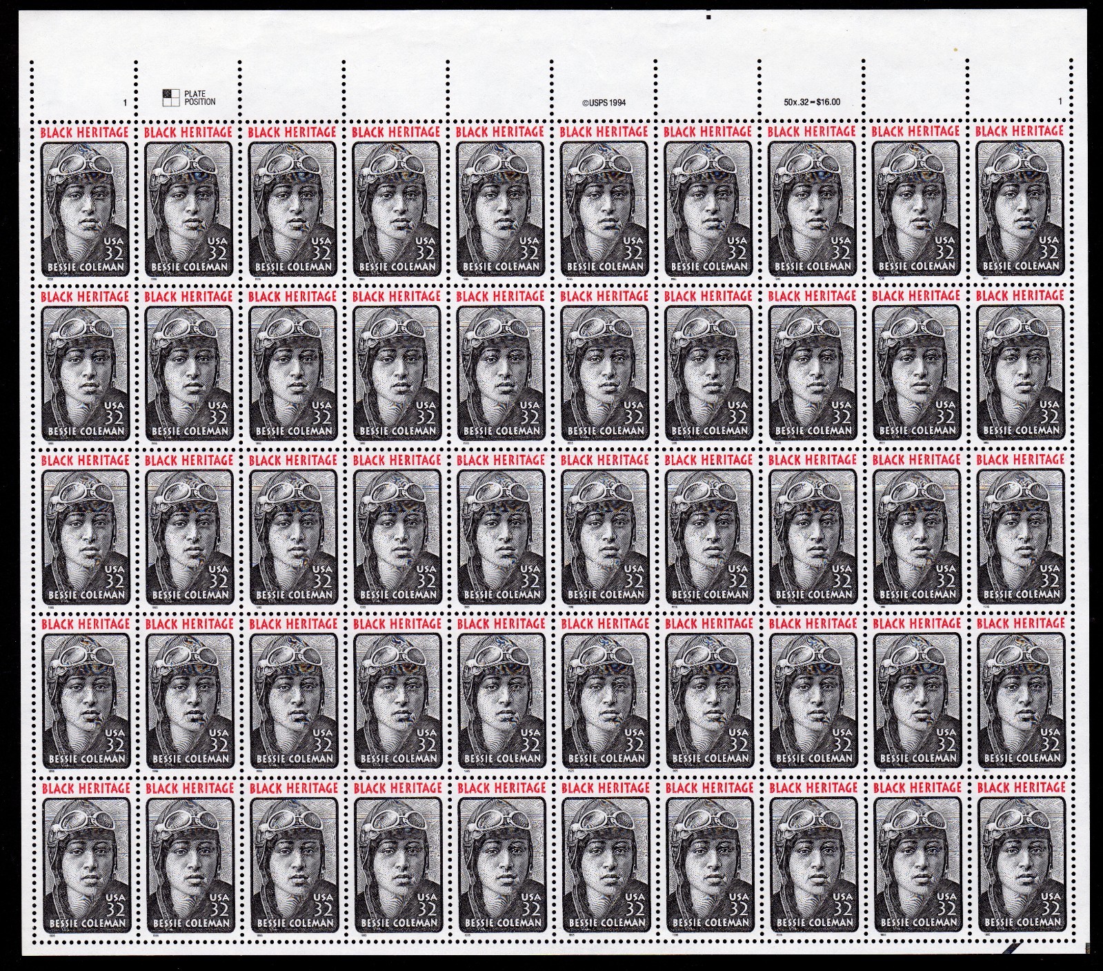 Scott #2956 Bessie Coleman Sheet of 50 Stamps - MNH P#1 Top