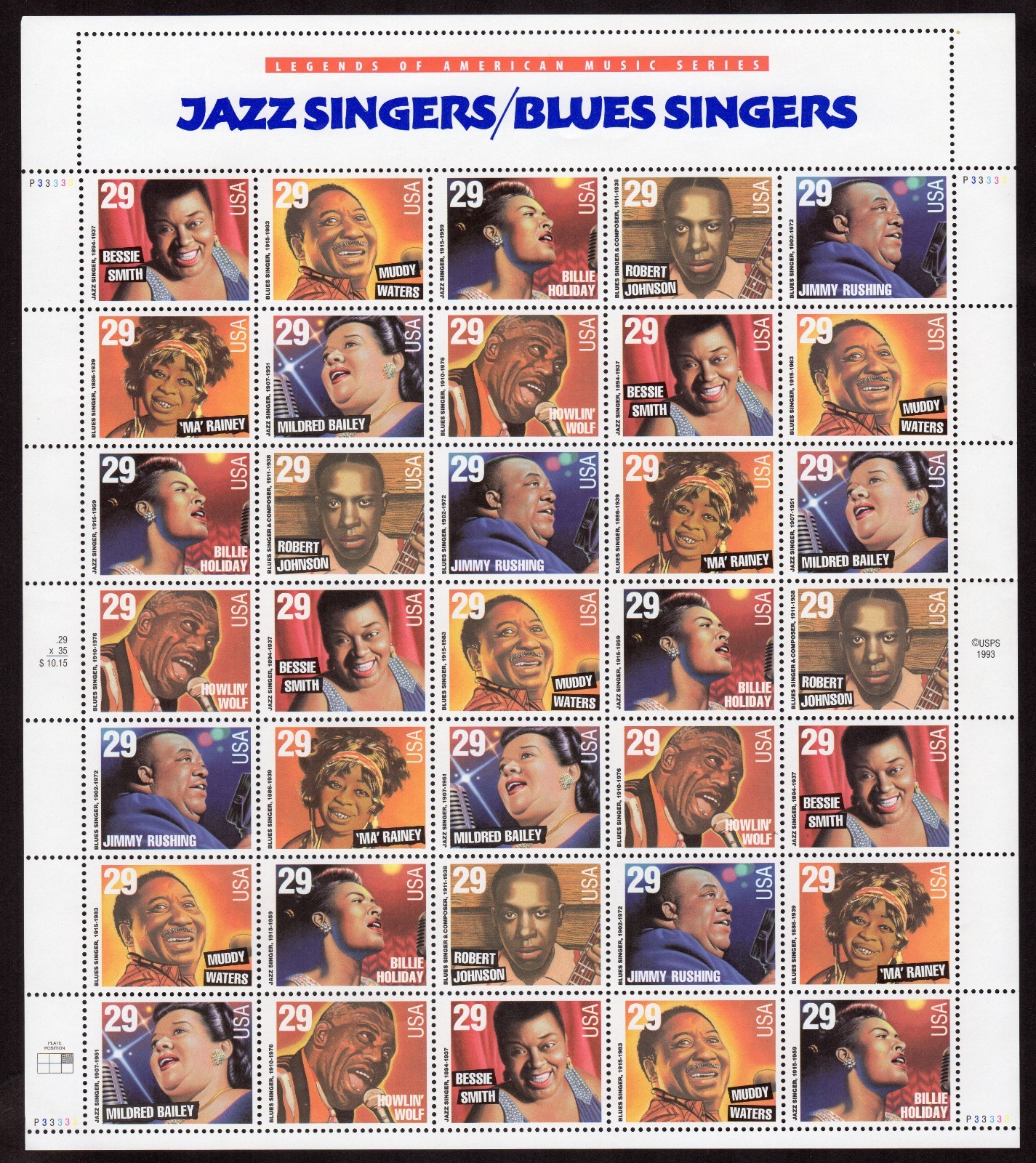 Scott #2861a (2854-61) Jazz and Blues Singers Sheet of 35 Stamps - MNH P#P3333
