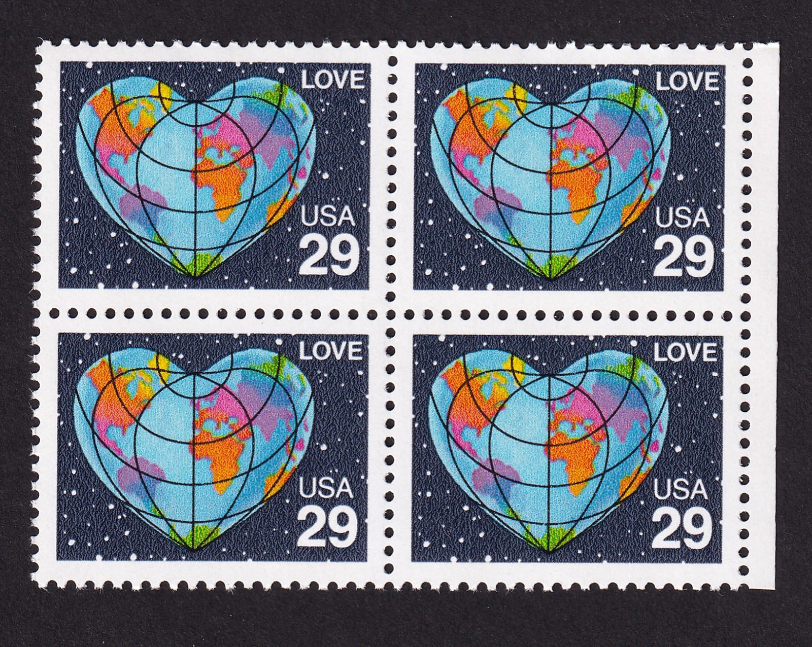 Scott #2535 Heart Globe Map Block of 4 Stamps - MNH