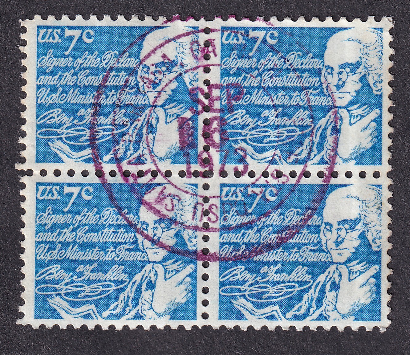 Scott #1393D Benjamin Franklin Block of 4 Stamps - used - nice cancel (1973 CA)